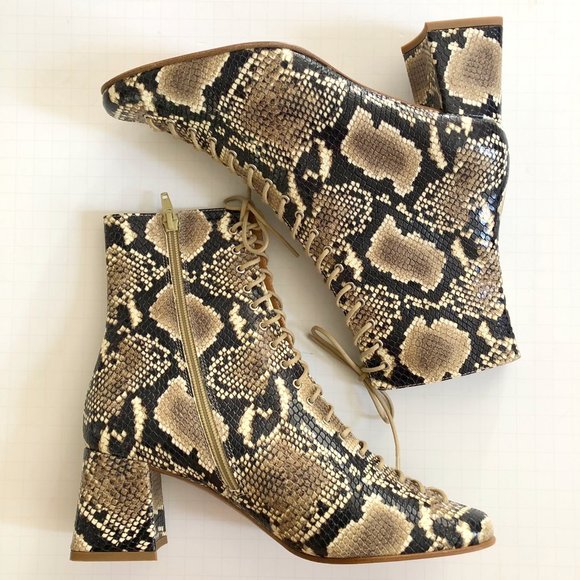 BY FAR Becca beige black snakeskin embossed leather lace up boots - Picture 5 of 14